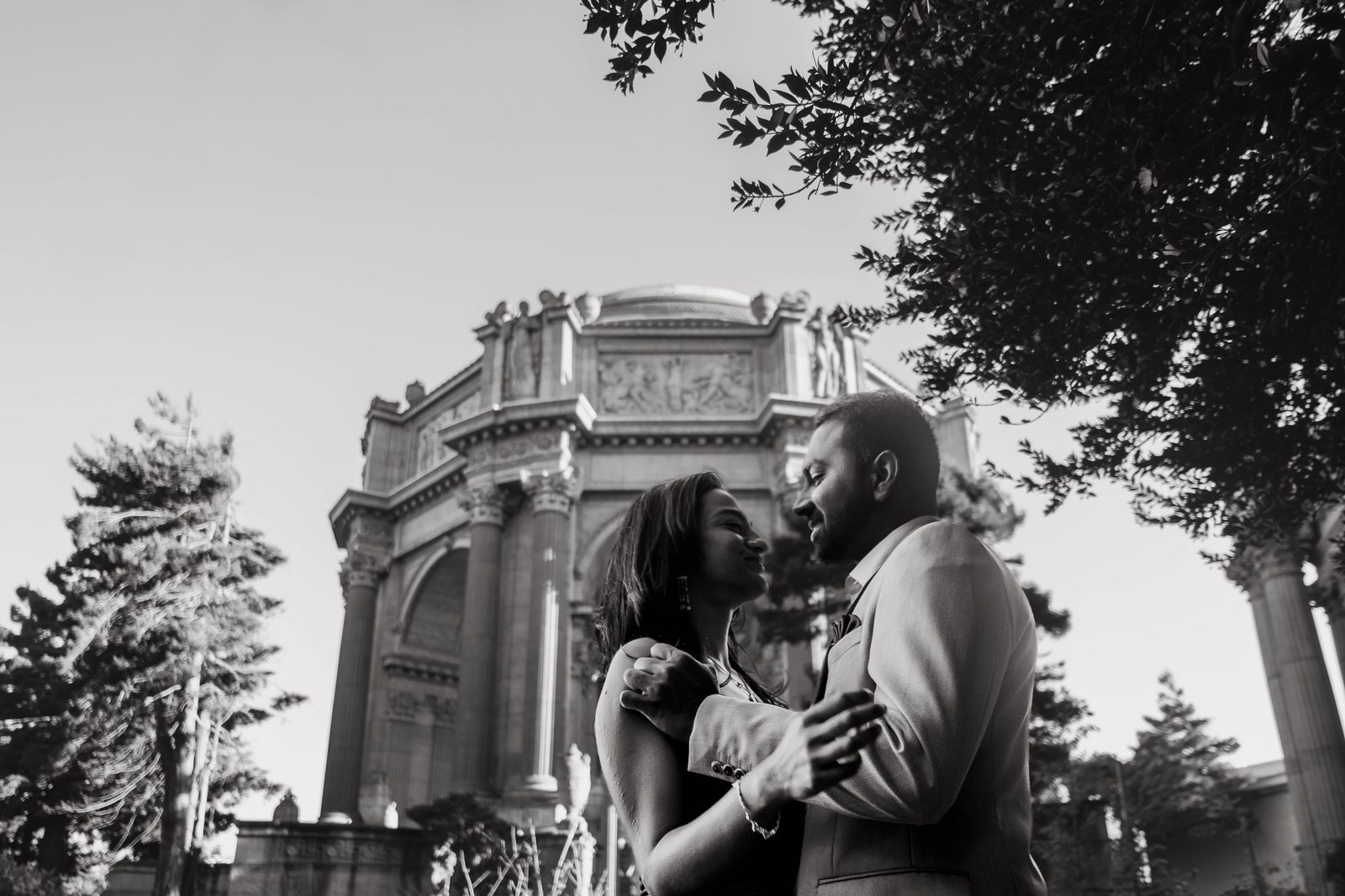 A black and white portrait of the couple